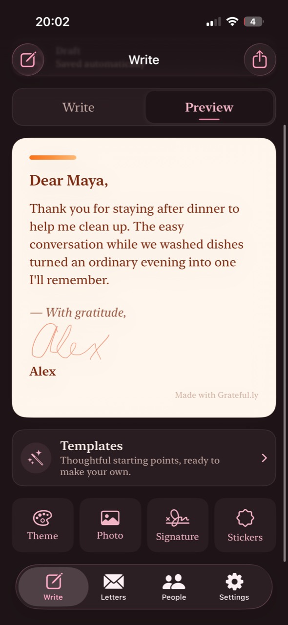 A full Grateful.ly letter preview in dark mode on iPhone, personalized with Alex's handwritten signature