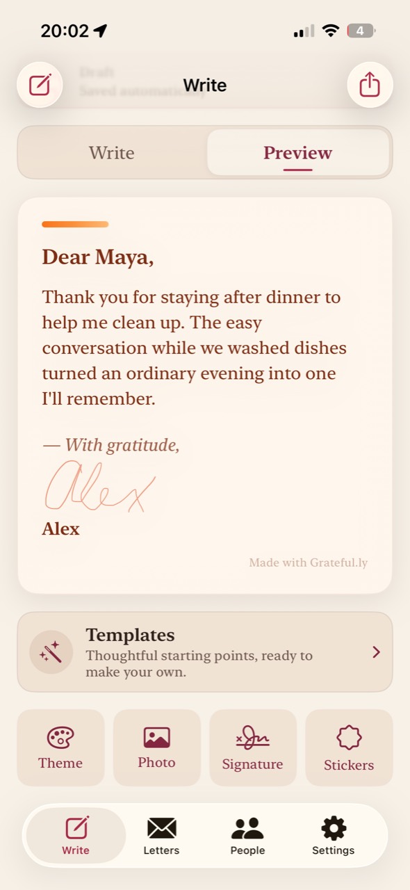 A full Grateful.ly letter preview on iPhone, personalized with Alex's handwritten signature